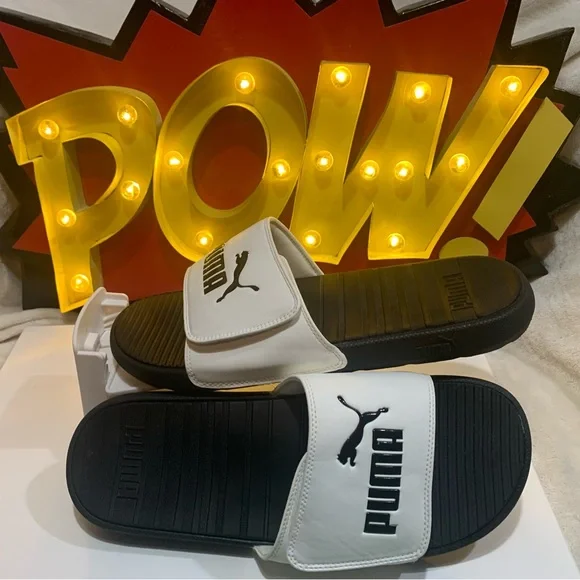 PUMA Cool Cat V White / Black Cat Logo 
Adjustable Mens Slide Sandals
Size 12 - Picture 7 of 8